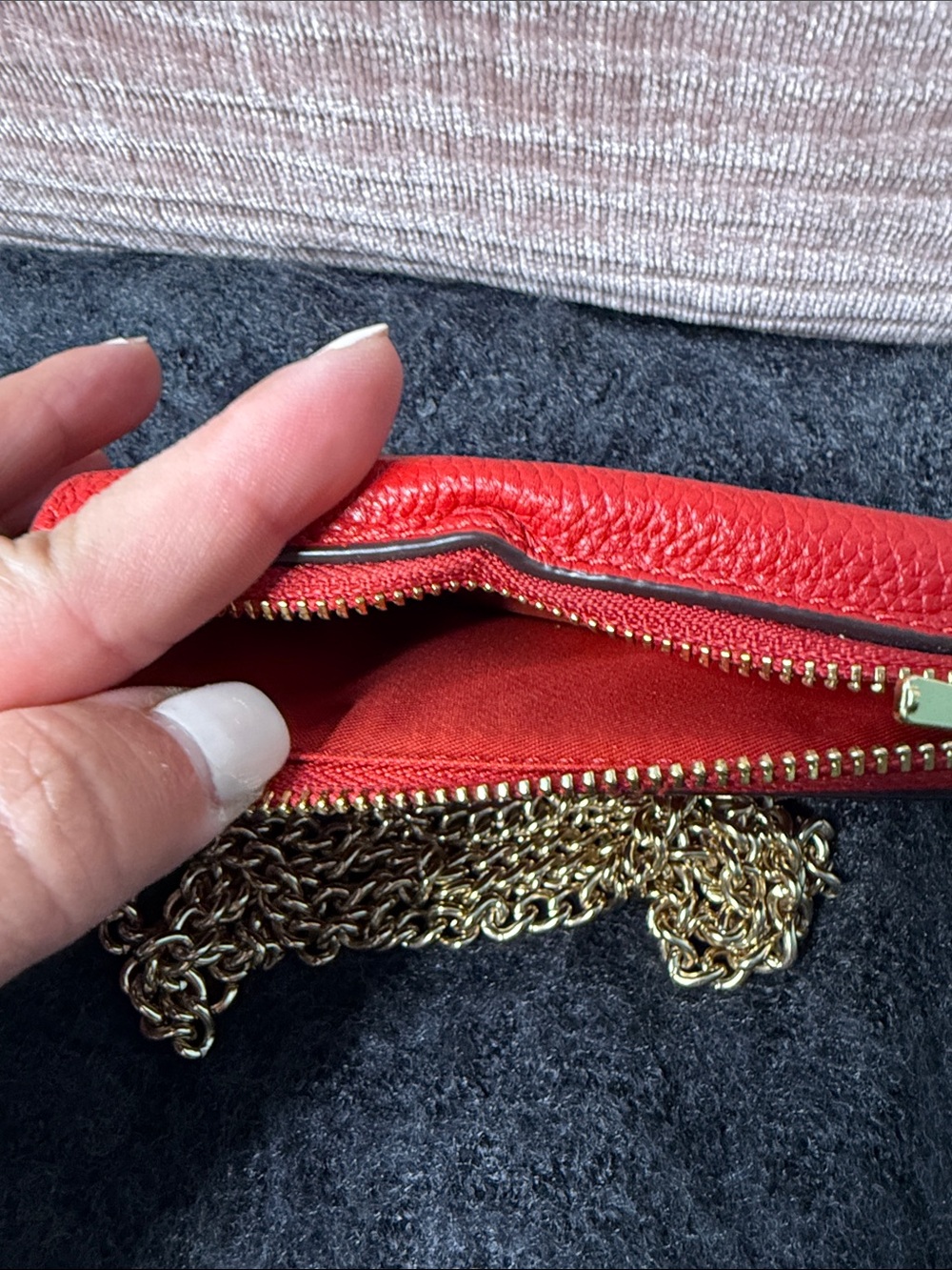 Red Pebbled Leather Phone Crossbody with Gold Chain strap - Picture 3 of 8